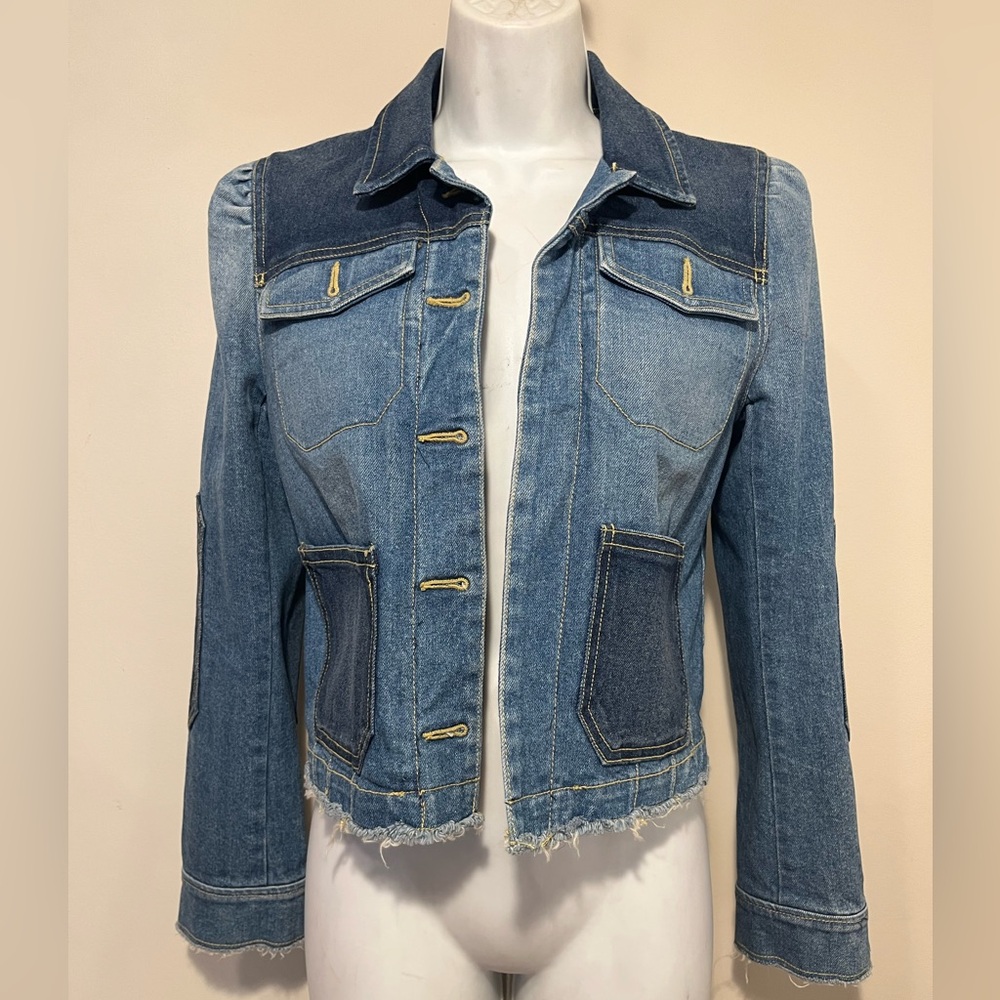 REBECCA TAYLOR Elbow Patches Jean Jacket Open Front Buttonless Size S Estimated